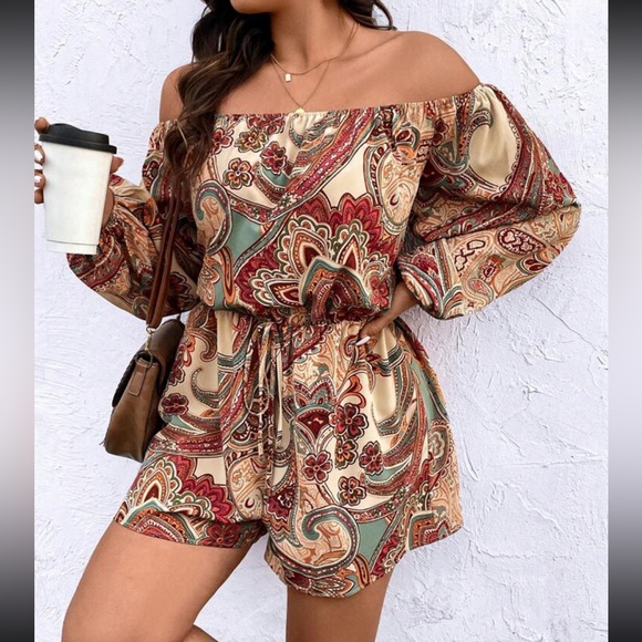 Boho Paisley Print Off the Shoulder Belted Romper - Picture 5 of 5